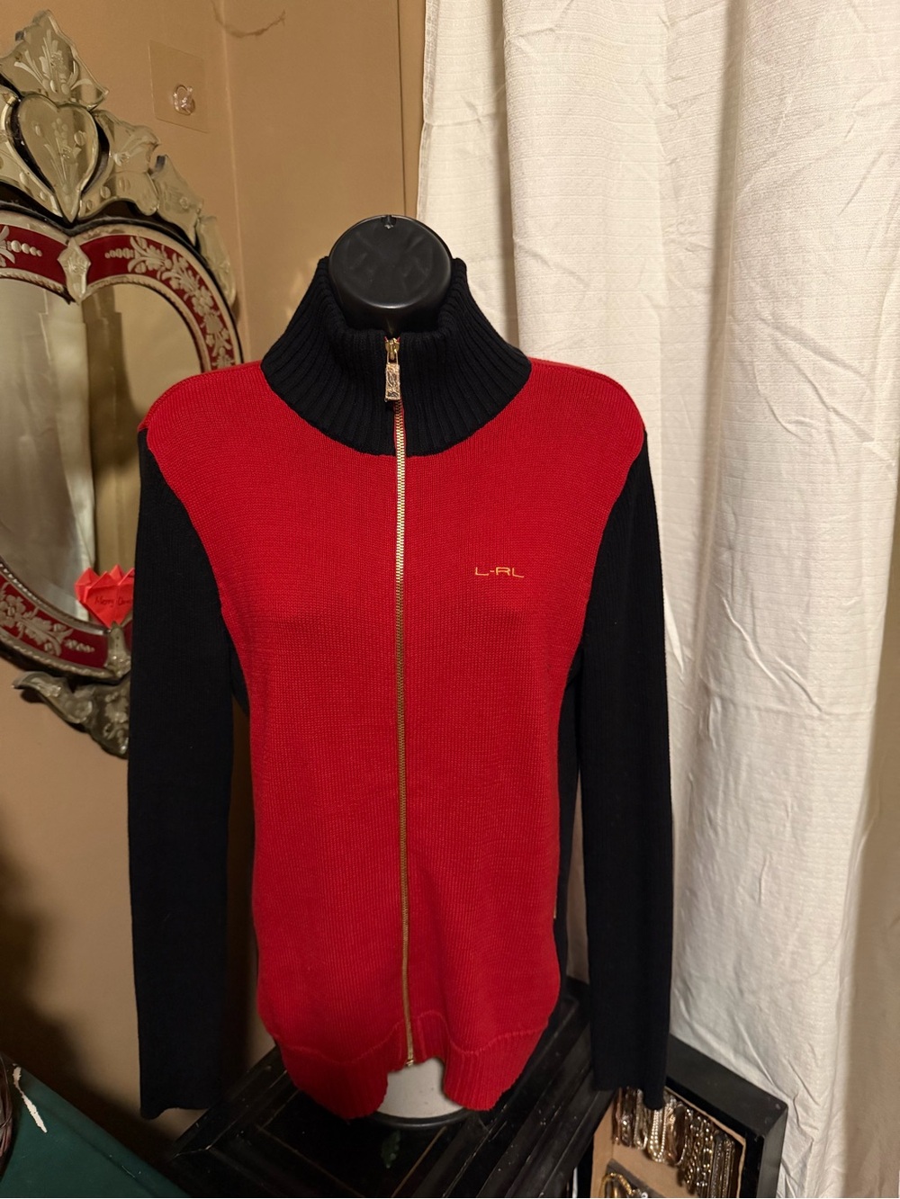 Lauren Ralph Lauren Red and Black Zip-Up Turtleneck Sweater